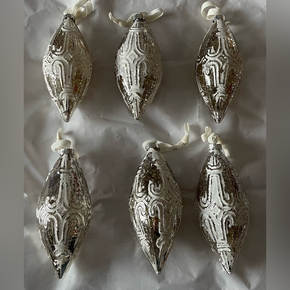 Elegant Silver and White Clear Glass Holiday Ornaments (6)
